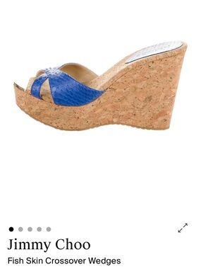 Jimmy Choo Blue Fish Skin Crossover Cork Wedges